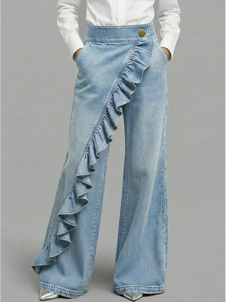 Lyla | Women's Denim Wide Leg Ruffle Casual Relaxed Jeans