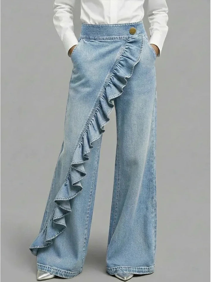 Lyla | Women's Denim Wide Leg Ruffle Casual Relaxed Jeans
