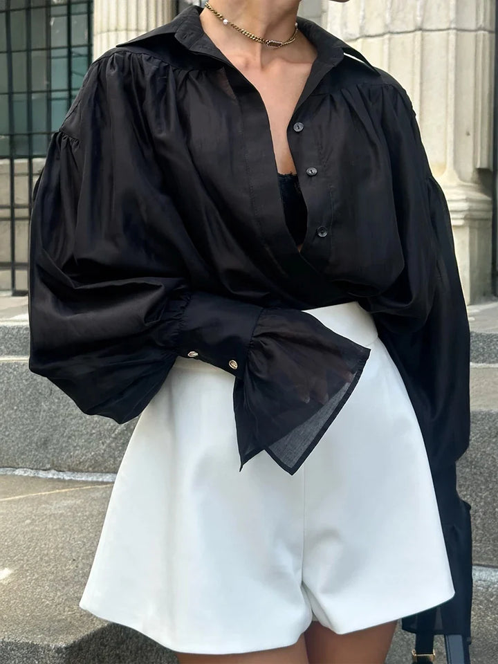 Katalina | Women's Flare Collared Bell Sleeve Button Front Office Blouse