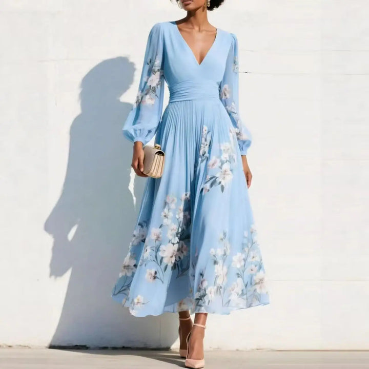 Odile | Women's Floral V Neck Balloon Long Sleeve Fall Brunch Midi Dress