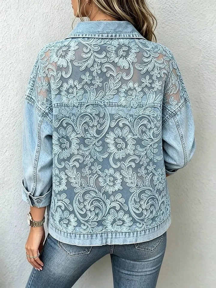Hallie | Women's Blue Lace Collared Button Front Casual Denim Jacket