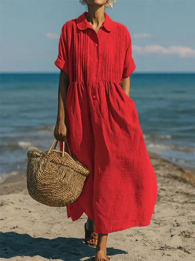 Red Dress Peter Pan Collar Linen Maxi