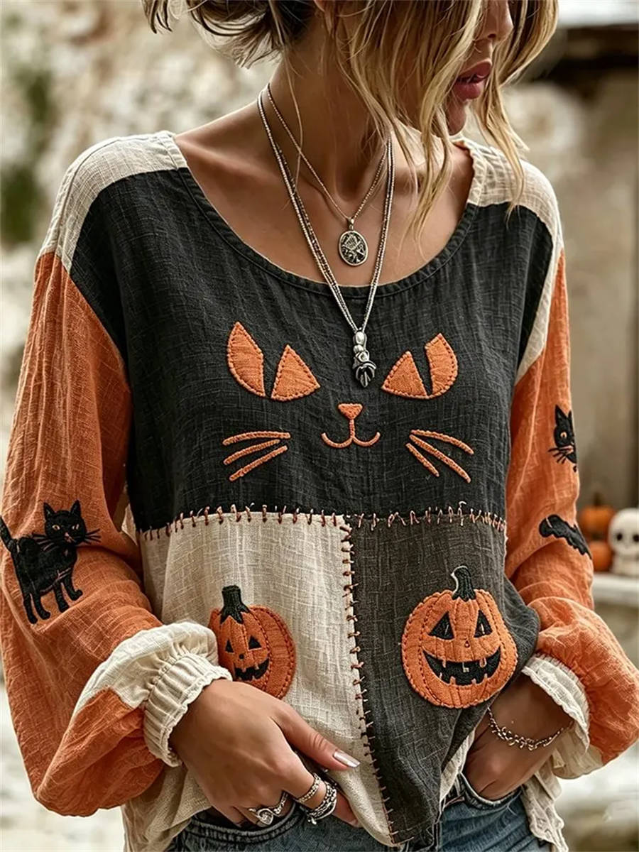 Fable | Women's Halloween Sweater Cat Pumpkin Embroidery