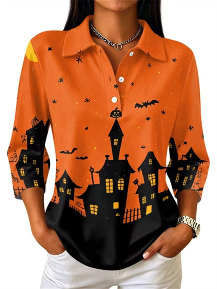 Thora | Women's Halloween Sweater Orange Haunted House