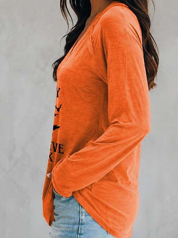 Cressida | Women's Halloween Sweater Orange Witch Print