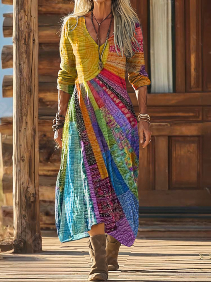 Jane | Women's Sun Print V Neck Long Sleeve Casual Maxi Dress