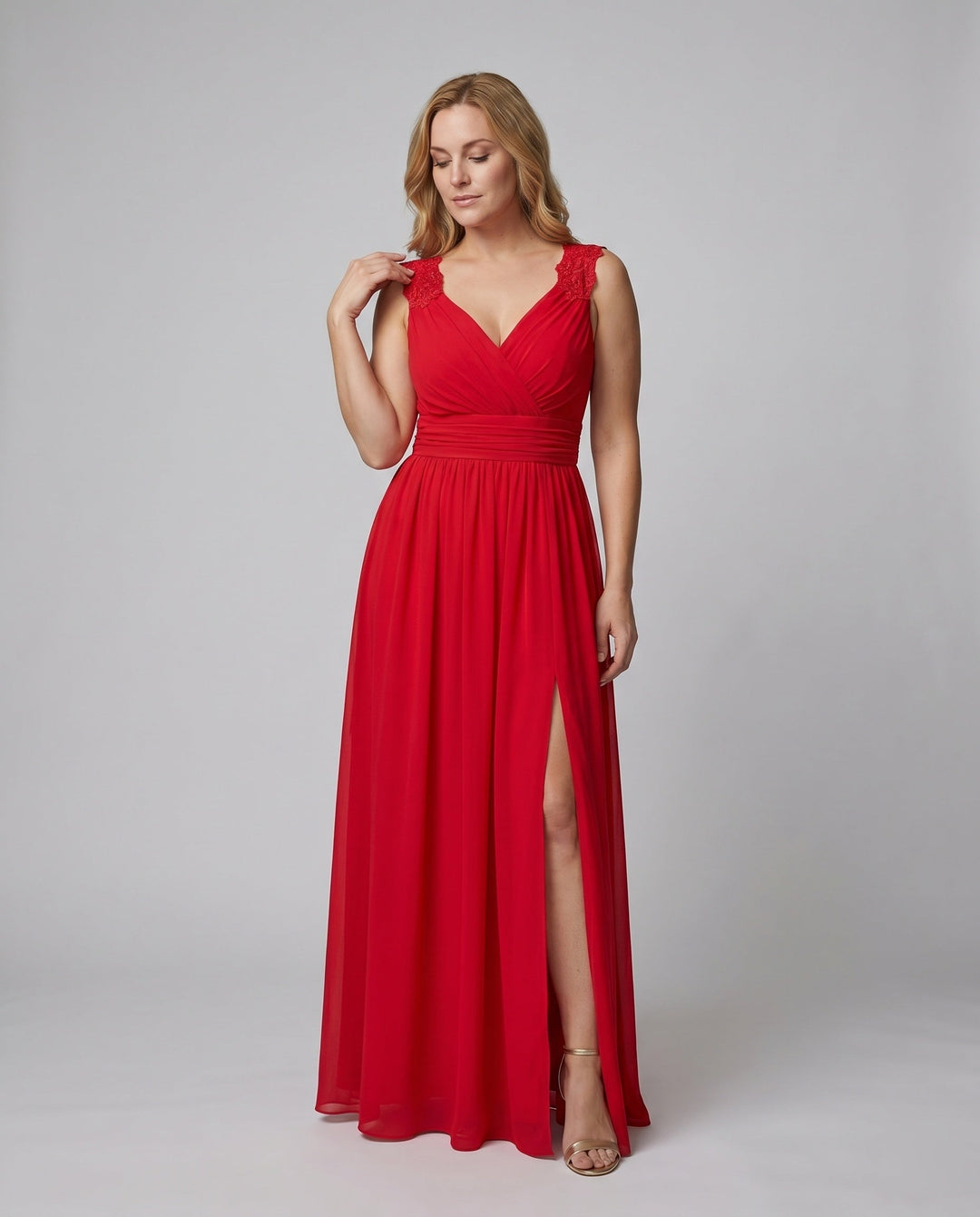 Maxi Dress V Neck High Slit Ruched Waist