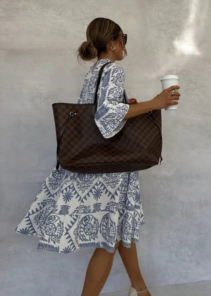 Rilla | Women's Blue Tile Print Button Front Fall Brunch Dress