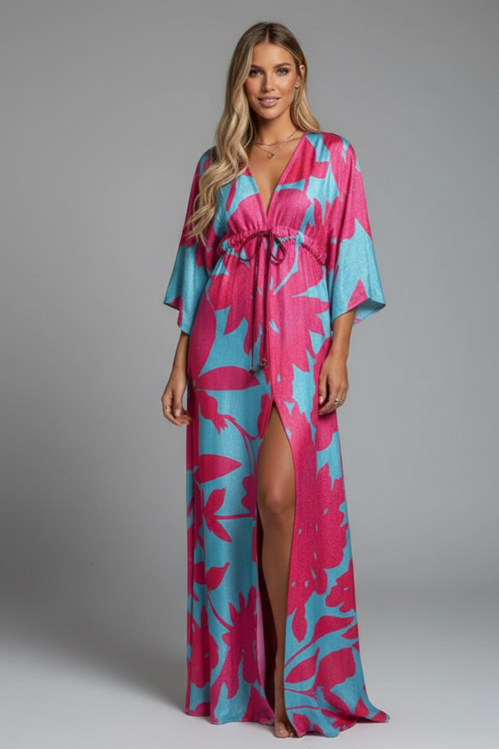 Maxi Dress V Neck Drawstring Floral Print
