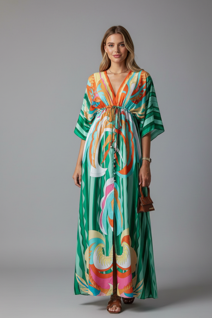 Maxi Dress V Neck Drawstring Floral Print