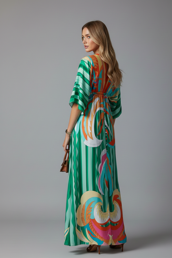 Maxi Dress V Neck Drawstring Floral Print