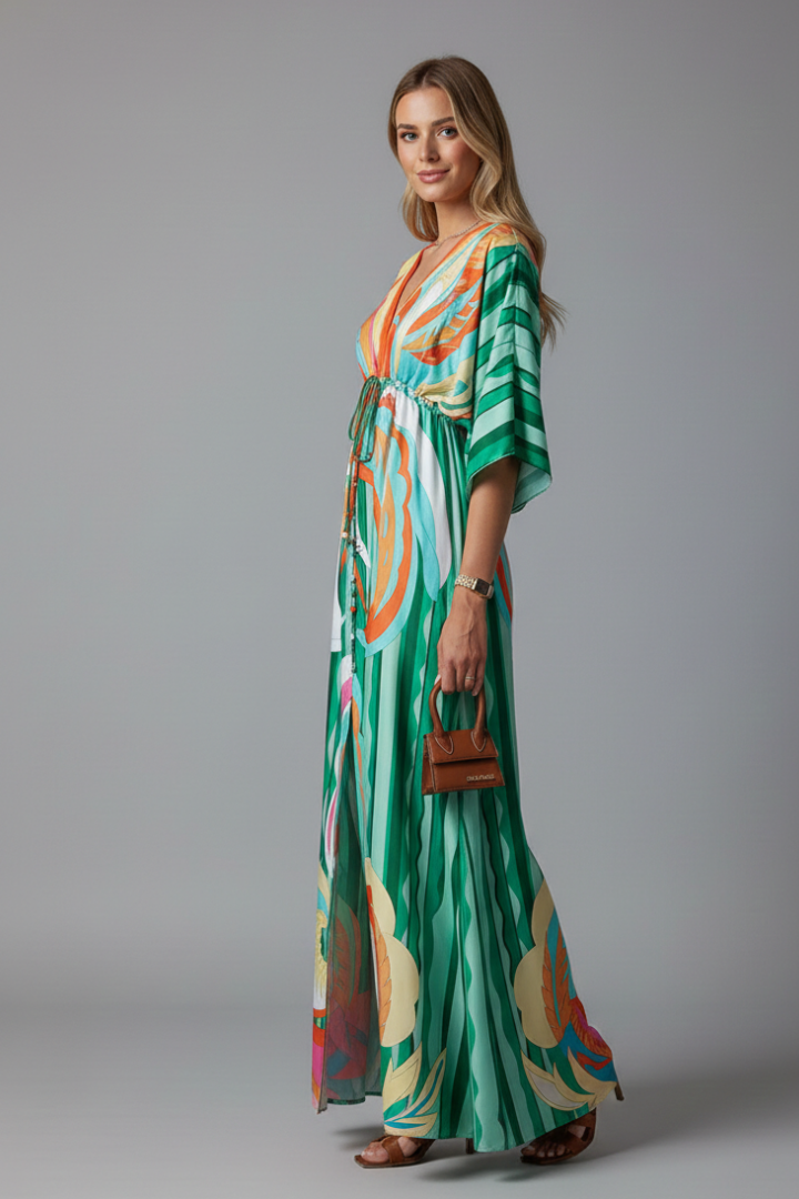 Maxi Dress V Neck Drawstring Floral Print