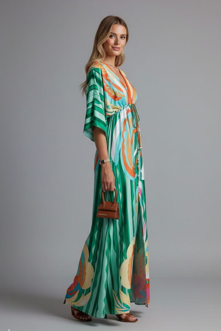 Maxi Dress V Neck Drawstring Floral Print