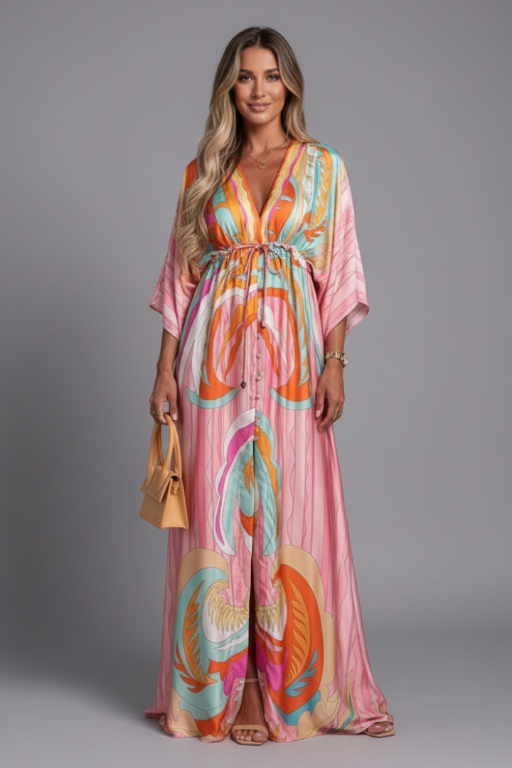 Maxi Dress V Neck Drawstring Floral Print