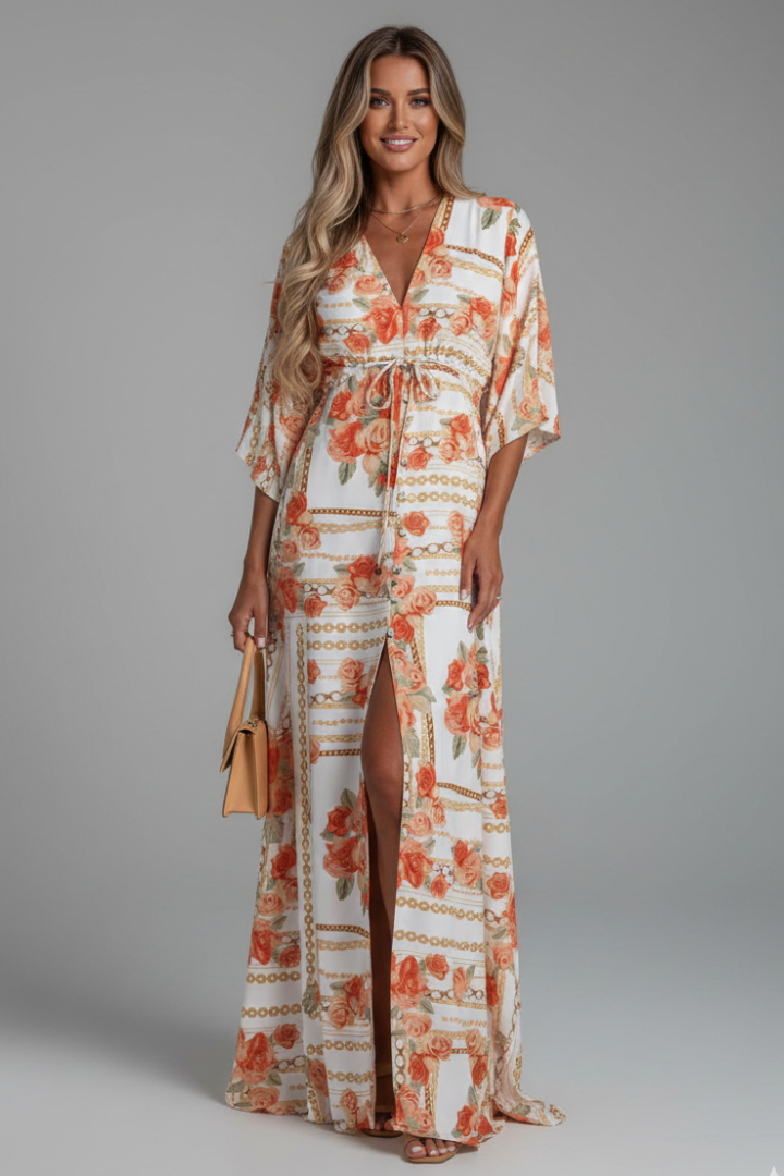 Maxi Dress V Neck Drawstring Floral Print