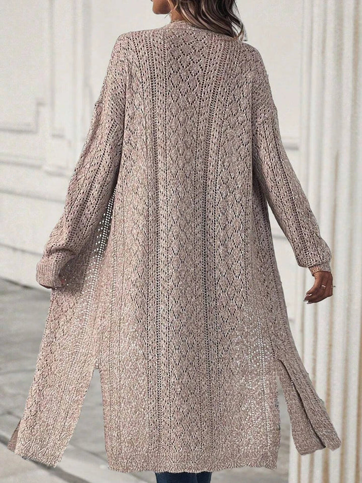 Tan Boho Open Front Long Sleeve Loose Longline Crochet Knit Duster Cardigan Sweater
