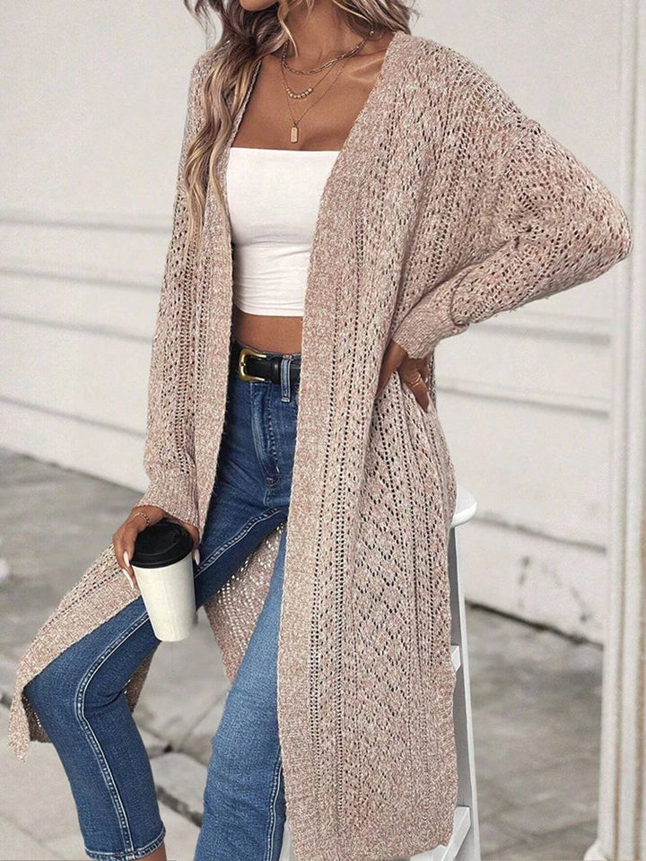 Tan Boho Open Front Long Sleeve Loose Longline Crochet Knit Duster Cardigan Sweater