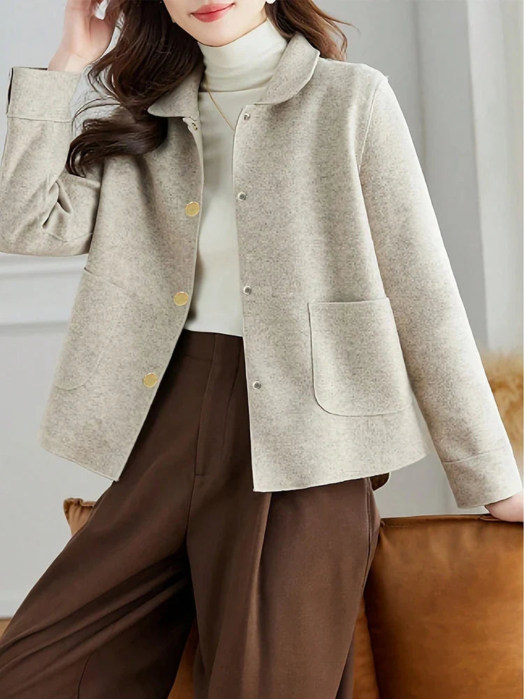 Collared Button Front Pocket Short Wool Winter Pea Coat Jacket