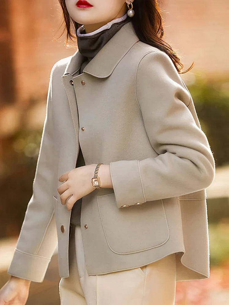 Collared Button Front Pocket Short Wool Winter Pea Coat Jacket