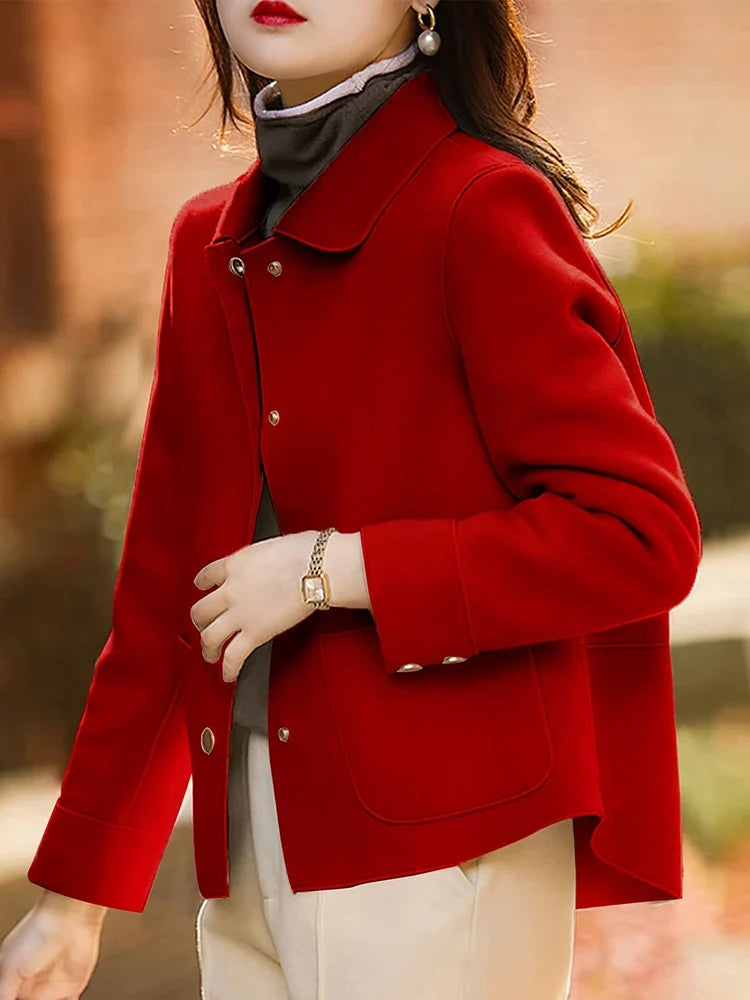 Collared Button Front Pocket Short Wool Winter Pea Coat Jacket