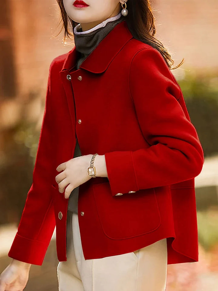 Collared Button Front Pocket Short Wool Winter Pea Coat Jacket