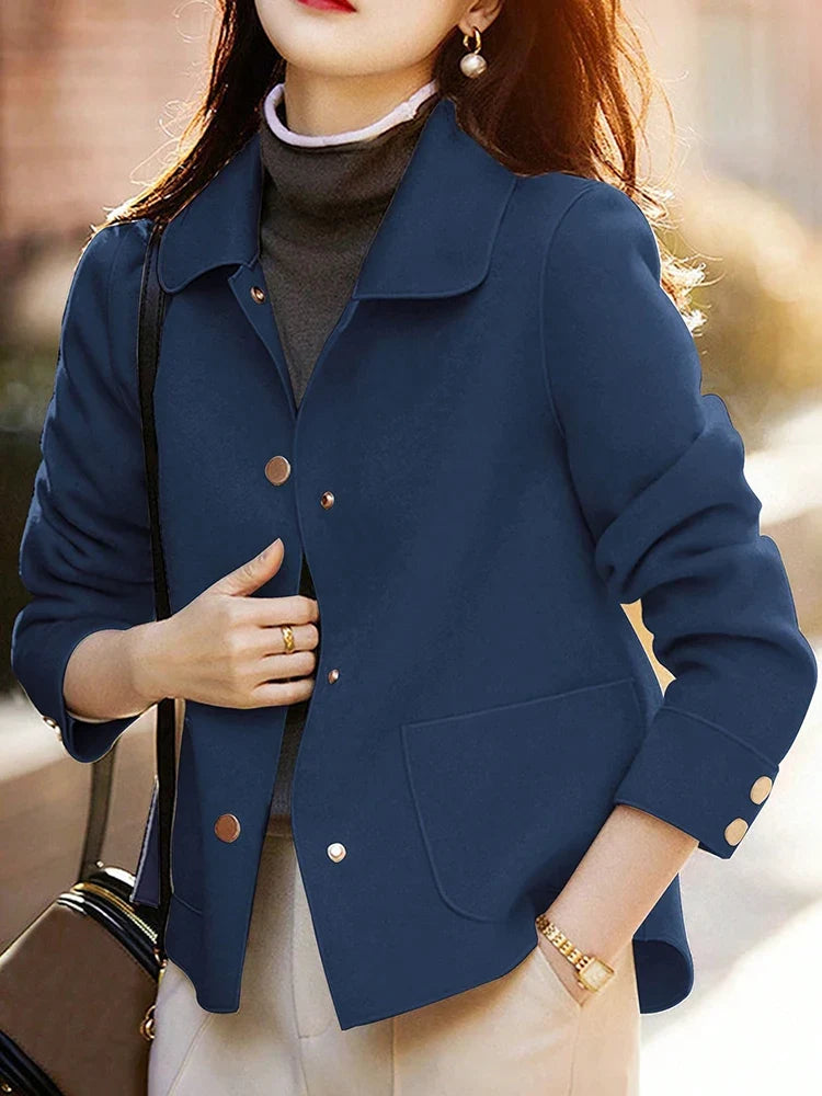 Collared Button Front Pocket Short Wool Winter Pea Coat Jacket