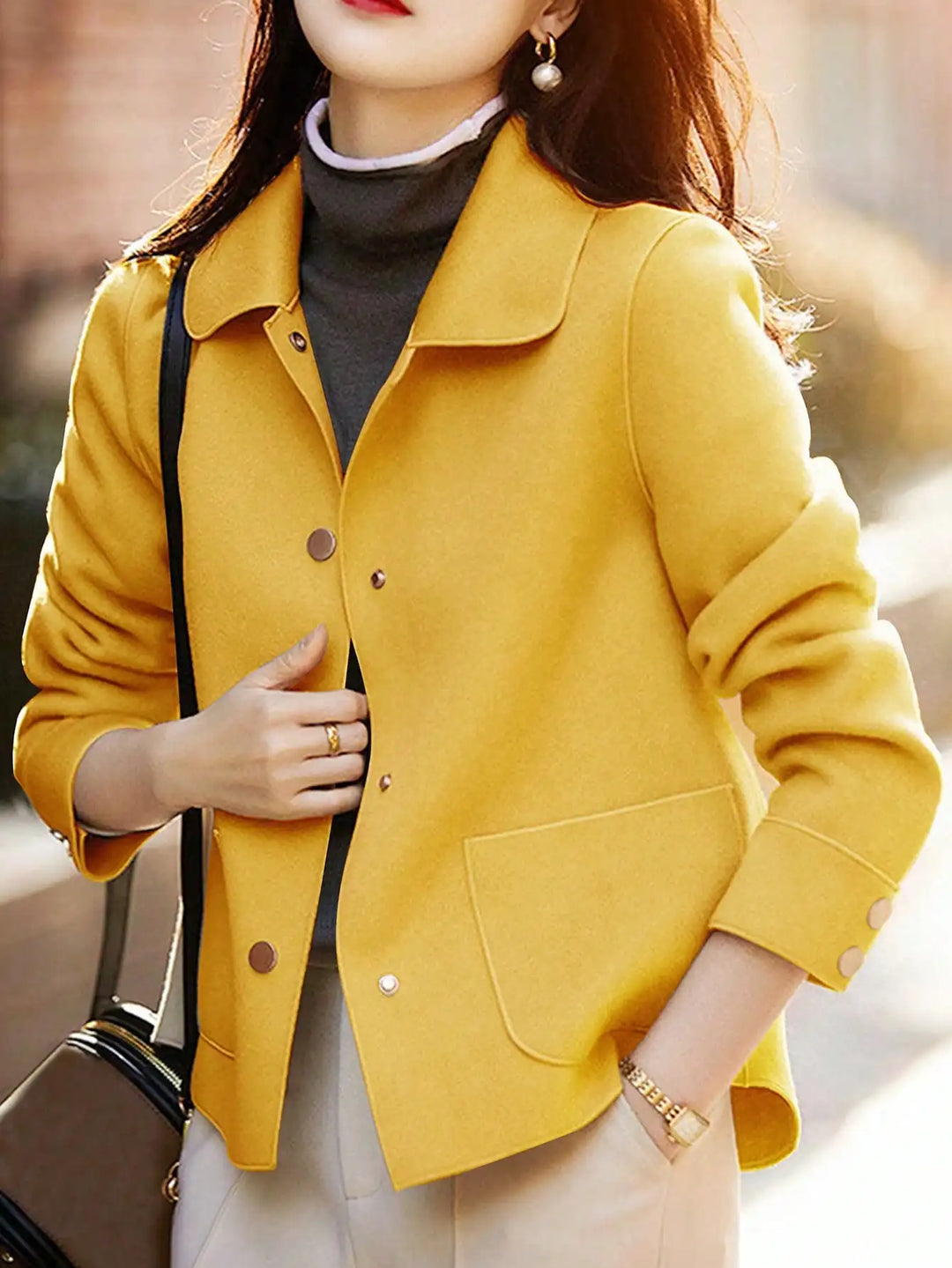 Collared Button Front Pocket Short Wool Winter Pea Coat Jacket