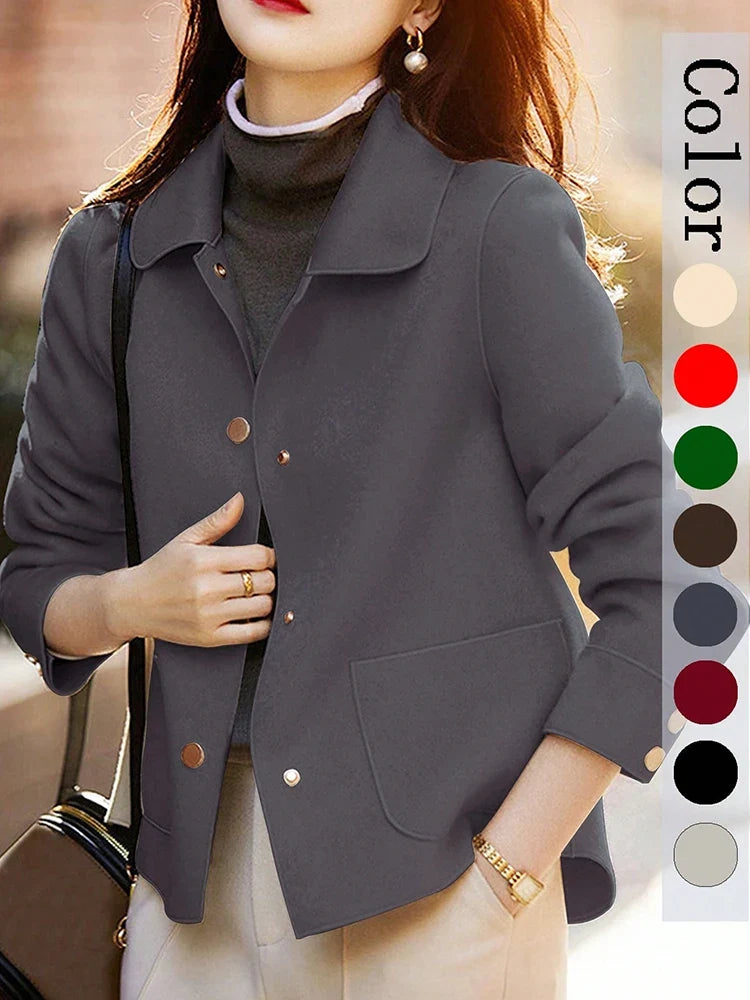 Collared Button Front Pocket Short Wool Winter Pea Coat Jacket