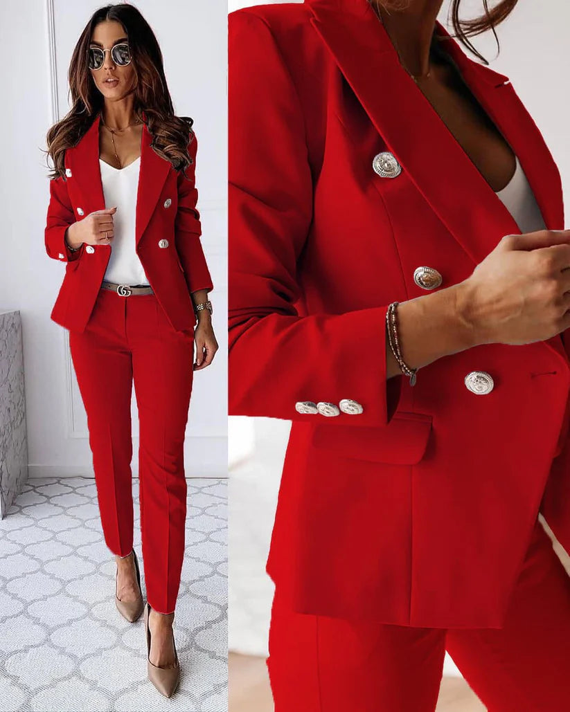 Double Breasted Blazer Straight Leg Trouser Tailored Business Two Piece Pant Suit