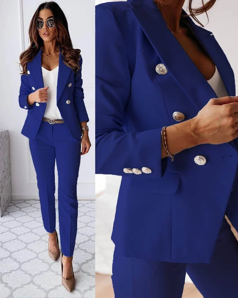 Double Breasted Blazer Straight Leg Trouser Tailored Business Two Piece Pant Suit