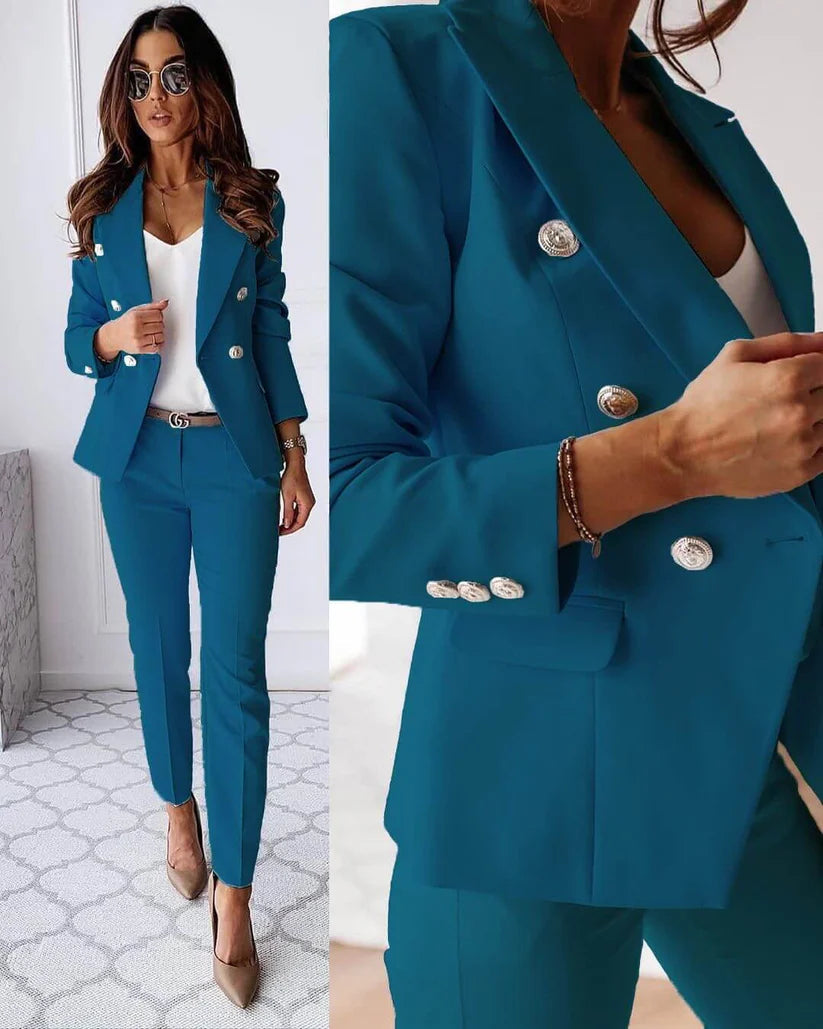 Double Breasted Blazer Straight Leg Trouser Tailored Business Two Piece Pant Suit