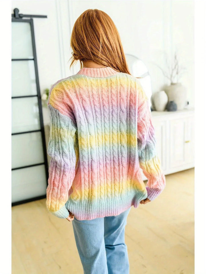 Rainbow Tie Dye V Neck Button Front Pocket Cable Knit Oversized Long Cardigan Sweater