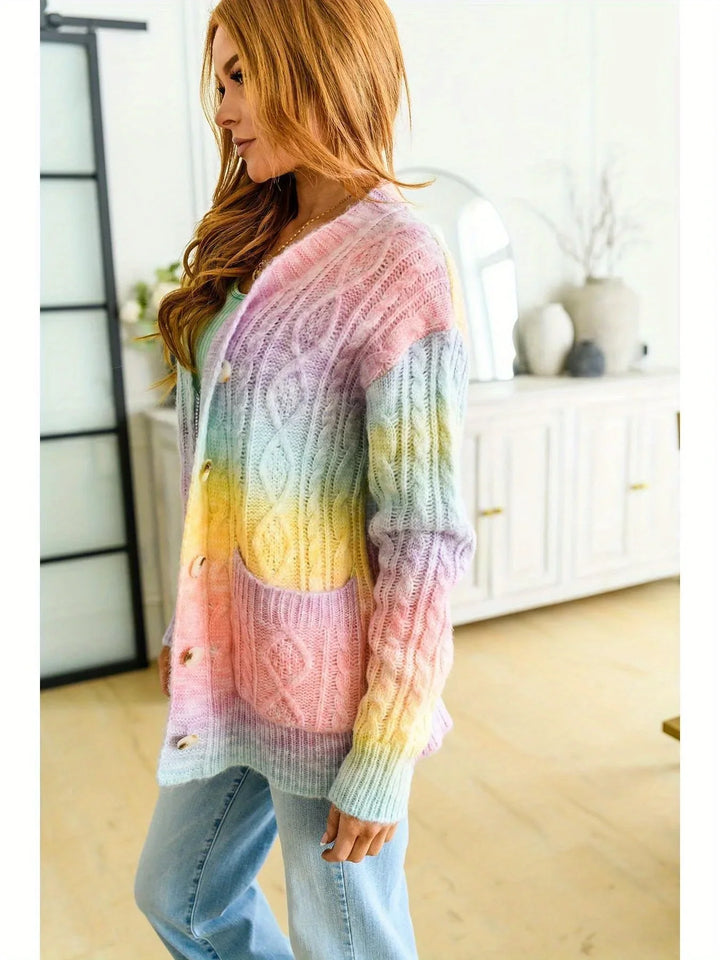 Rainbow Tie Dye V Neck Button Front Pocket Cable Knit Oversized Long Cardigan Sweater