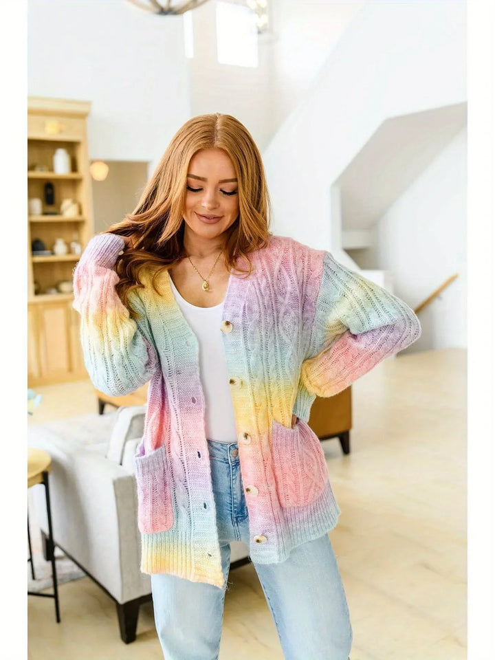 Rainbow Tie Dye V Neck Button Front Pocket Cable Knit Oversized Long Cardigan Sweater