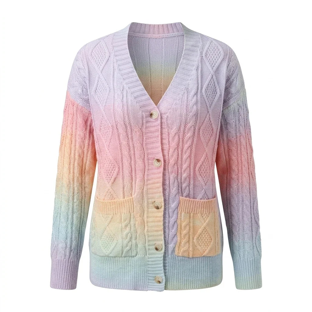 Rainbow Tie Dye V Neck Button Front Pocket Cable Knit Oversized Long Cardigan Sweater