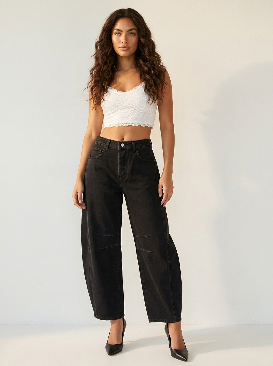 Stylish Green Denim Barrel Jeans for Women with Articulated Knee Cute Flowy Casual Style