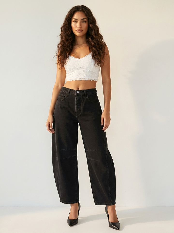 Stylish Green Denim Barrel Jeans for Women with Articulated Knee Cute Flowy Casual Style