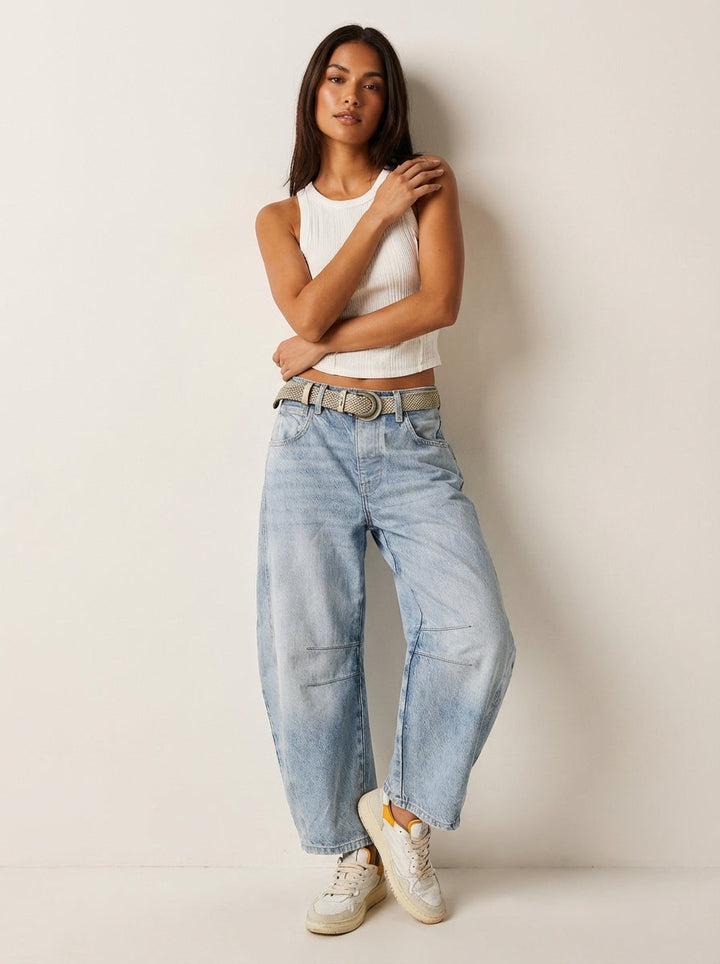 Stylish Green Denim Barrel Jeans for Women with Articulated Knee Cute Flowy Casual Style