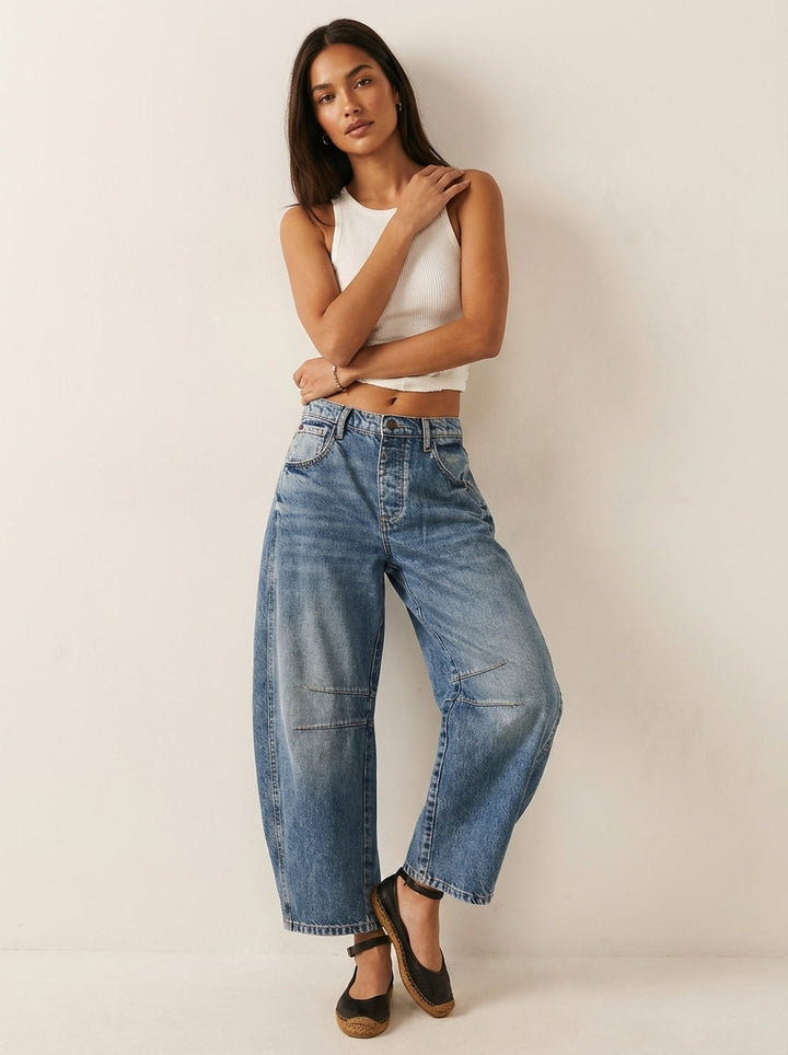 Stylish Green Denim Barrel Jeans for Women with Articulated Knee Cute Flowy Casual Style
