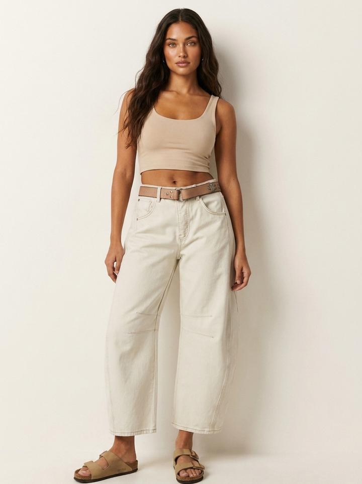 Stylish Green Denim Barrel Jeans for Women with Articulated Knee Cute Flowy Casual Style