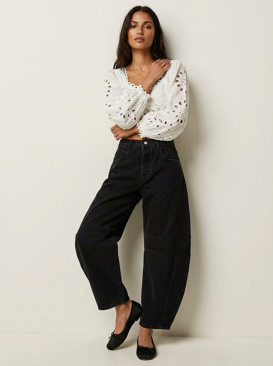 Stylish Green Denim Barrel Jeans for Women with Articulated Knee Cute Flowy Casual Style