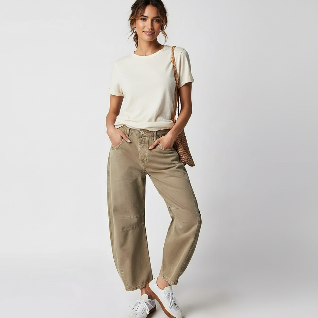 Stylish Green Denim Barrel Jeans for Women with Articulated Knee Cute Flowy Casual Style