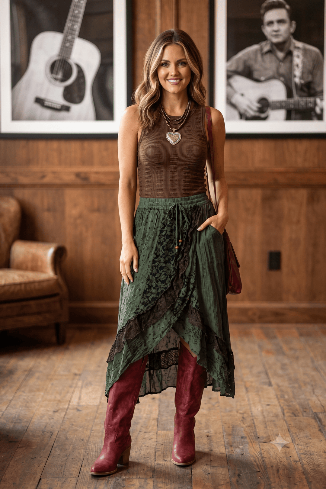Green Boho Tiered Lace Ruffle High Low Flowy Midi Maxi Skirt