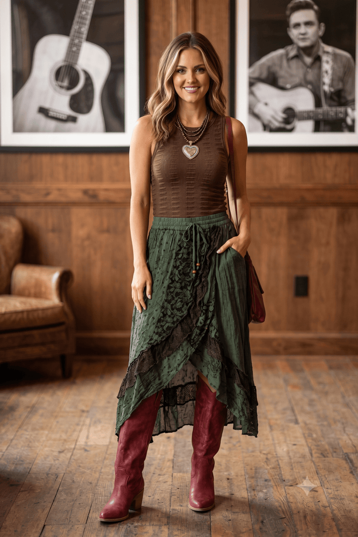 Green Boho Tiered Lace Ruffle High Low Flowy Midi Maxi Skirt