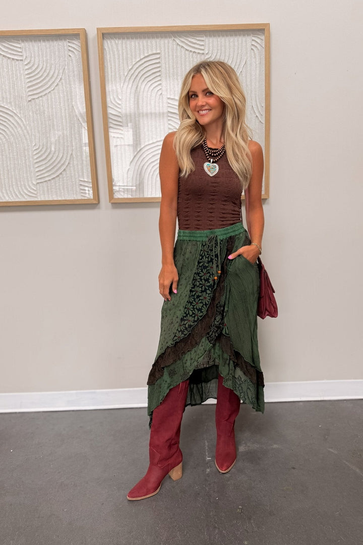 Green Boho Tiered Lace Ruffle High Low Flowy Midi Maxi Skirt