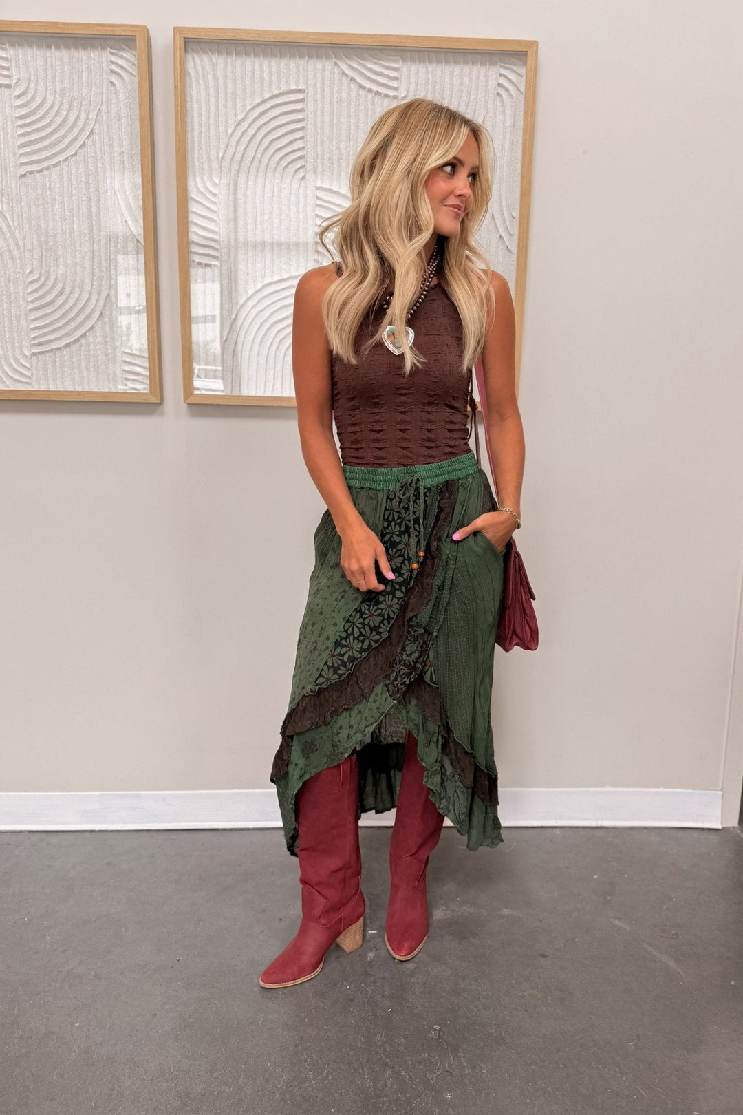 Green Boho Tiered Lace Ruffle High Low Flowy Midi Maxi Skirt