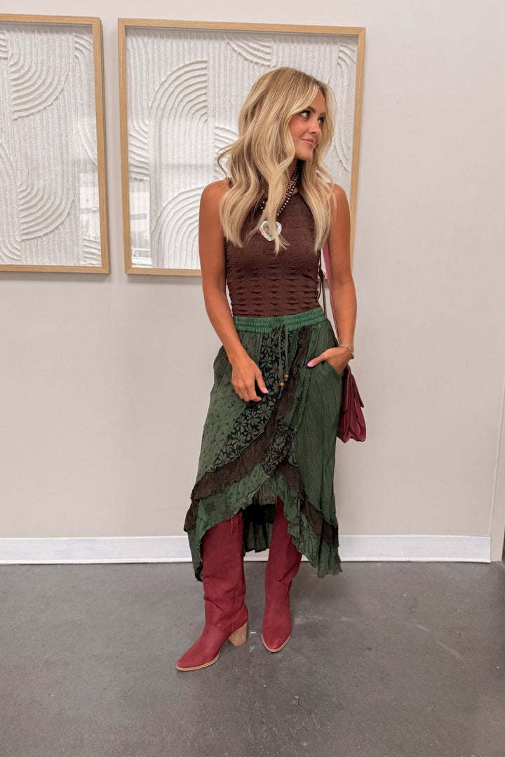 Green Boho Tiered Lace Ruffle High Low Flowy Midi Maxi Skirt
