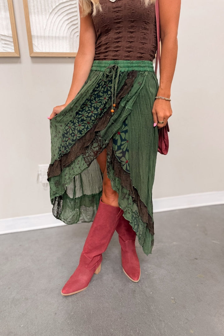 Green Boho Tiered Lace Ruffle High Low Flowy Midi Maxi Skirt