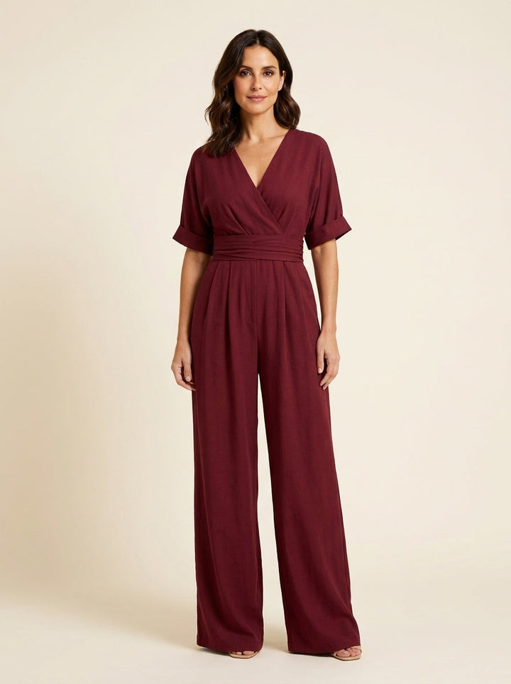 V Neck Batwing Sleeve Belted Tie Waist Wide Leg Palazzo Jumpsuit