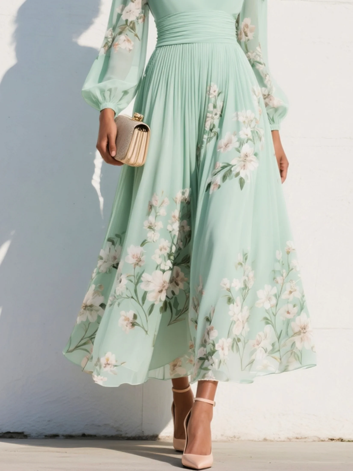 Odile | Women's Floral V Neck Balloon Long Sleeve Fall Brunch Midi Dress